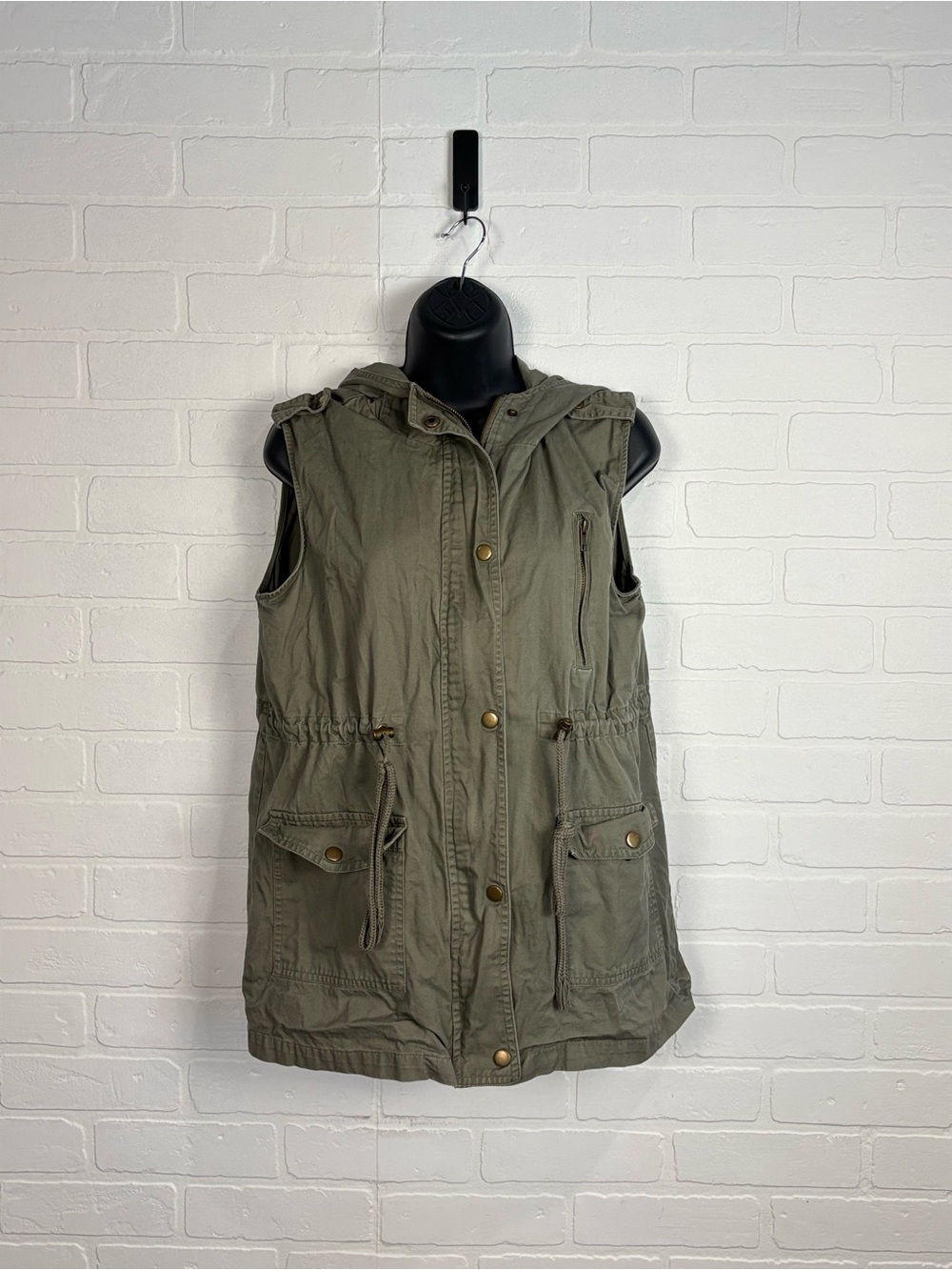 Zenana Outfitters Utility Vest Hooded Army Green M Drawstring